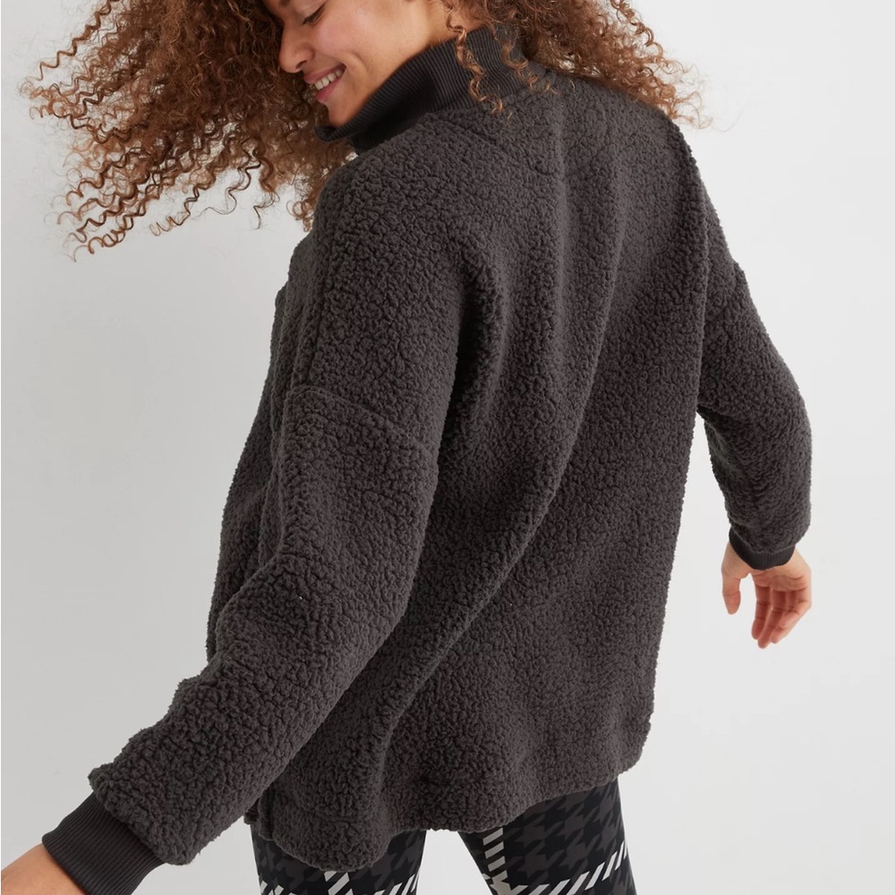 NEW AE Aerie Dream Sherpa Quarter Zip Sweatshirt Smoked Gray Black Medium